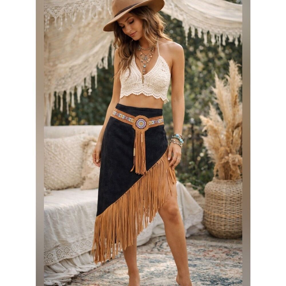 Vintage 3B West Black and Tan Asymmetrical Skirt with Fringe and Beaded Belt